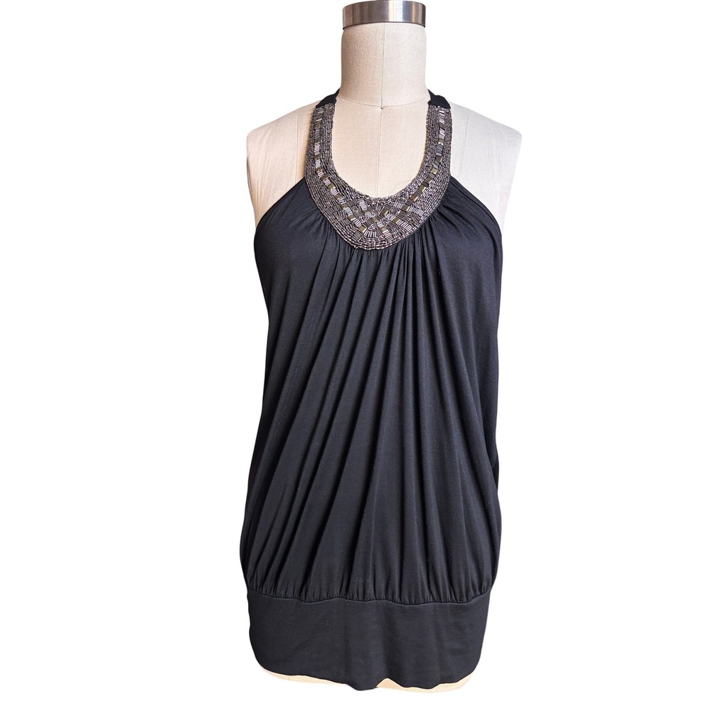 Y2K Dating Clothing Halter Top Womens Large Black Beaded Neckline Blouse
